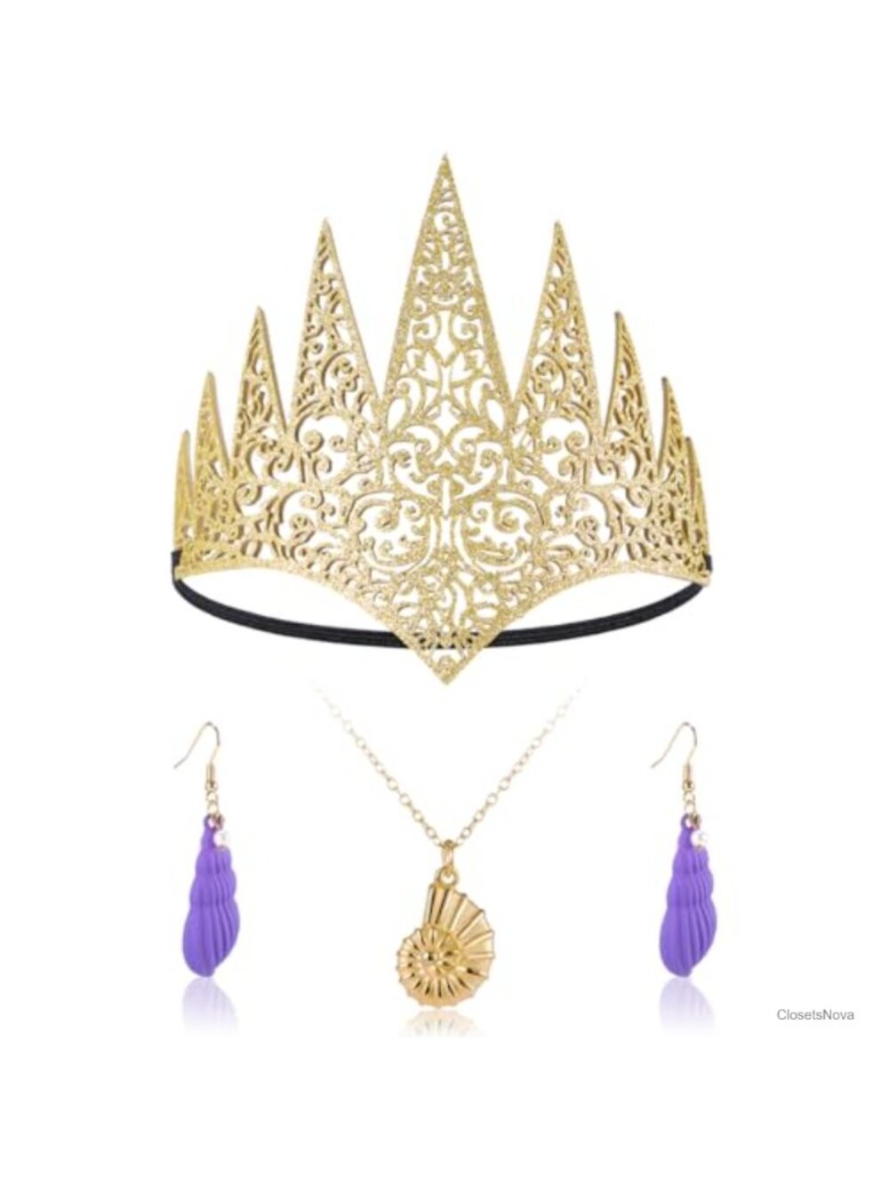 Gold Plated Seashell Jewelry Set Crown Necklace Earrings Costume